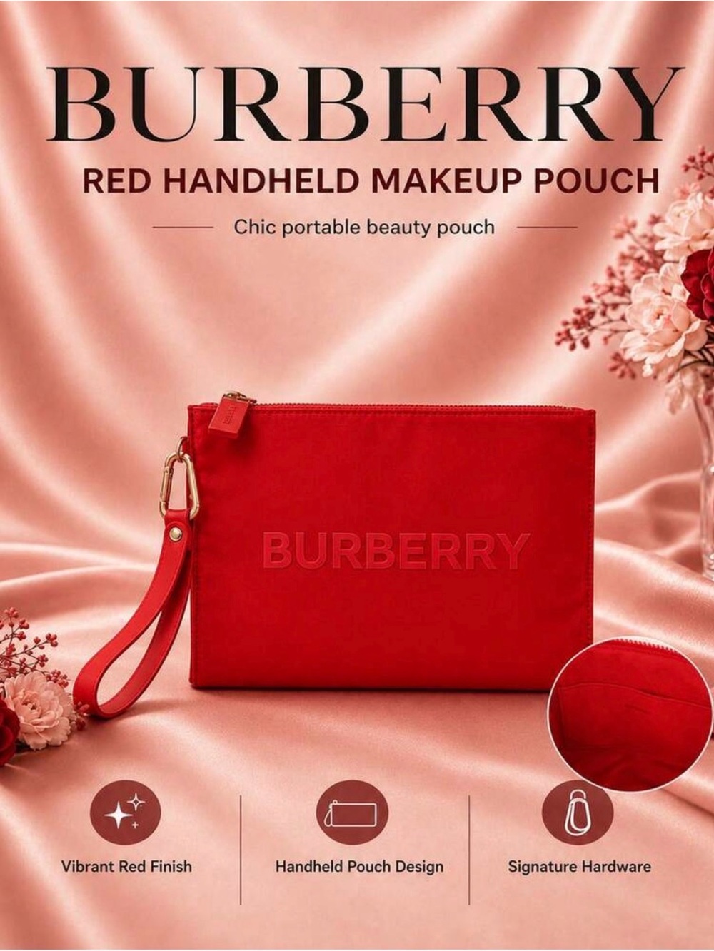 Burberry Red Makeup Bag 25*16cm, Bright Gold Hardware And Wrist Strap🔥New!